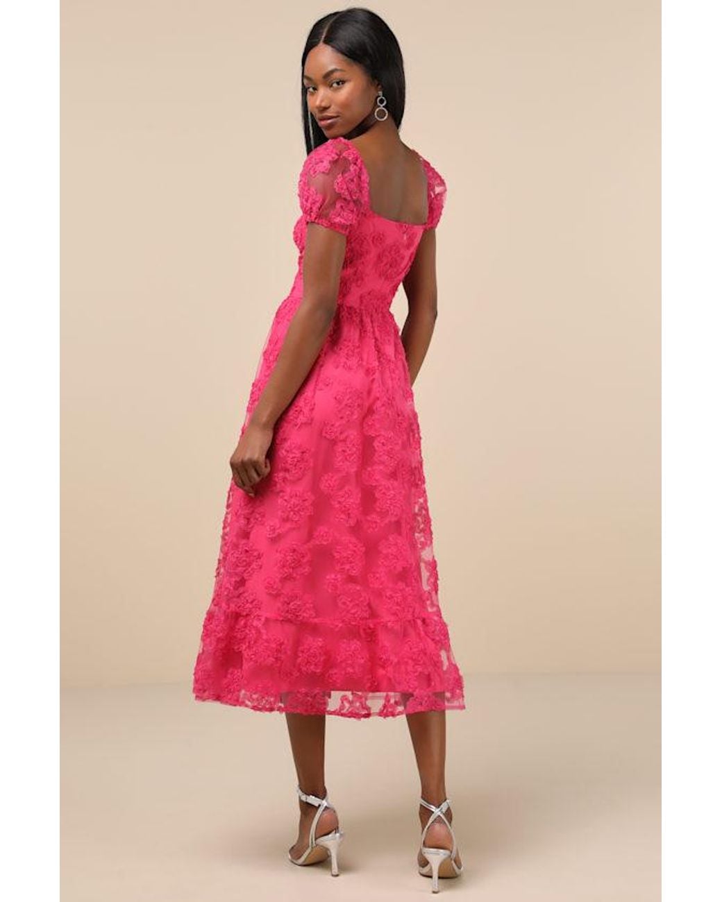 Lulus Pink Notable Elegance Mesh Floral Applique Bustier Midi Dress