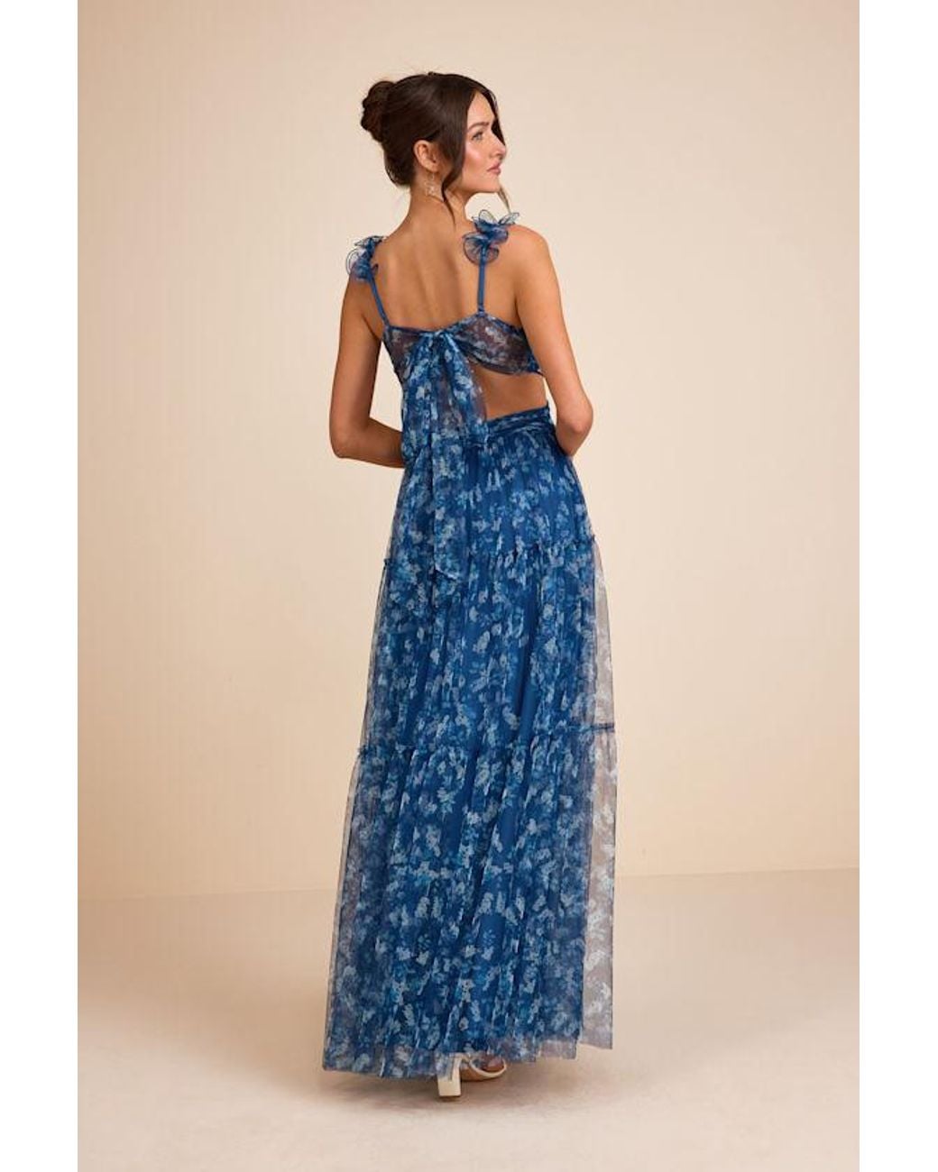 Lulus Blue Ethereal Love Floral Pleated Tiered Tie-Back Maxi Dress