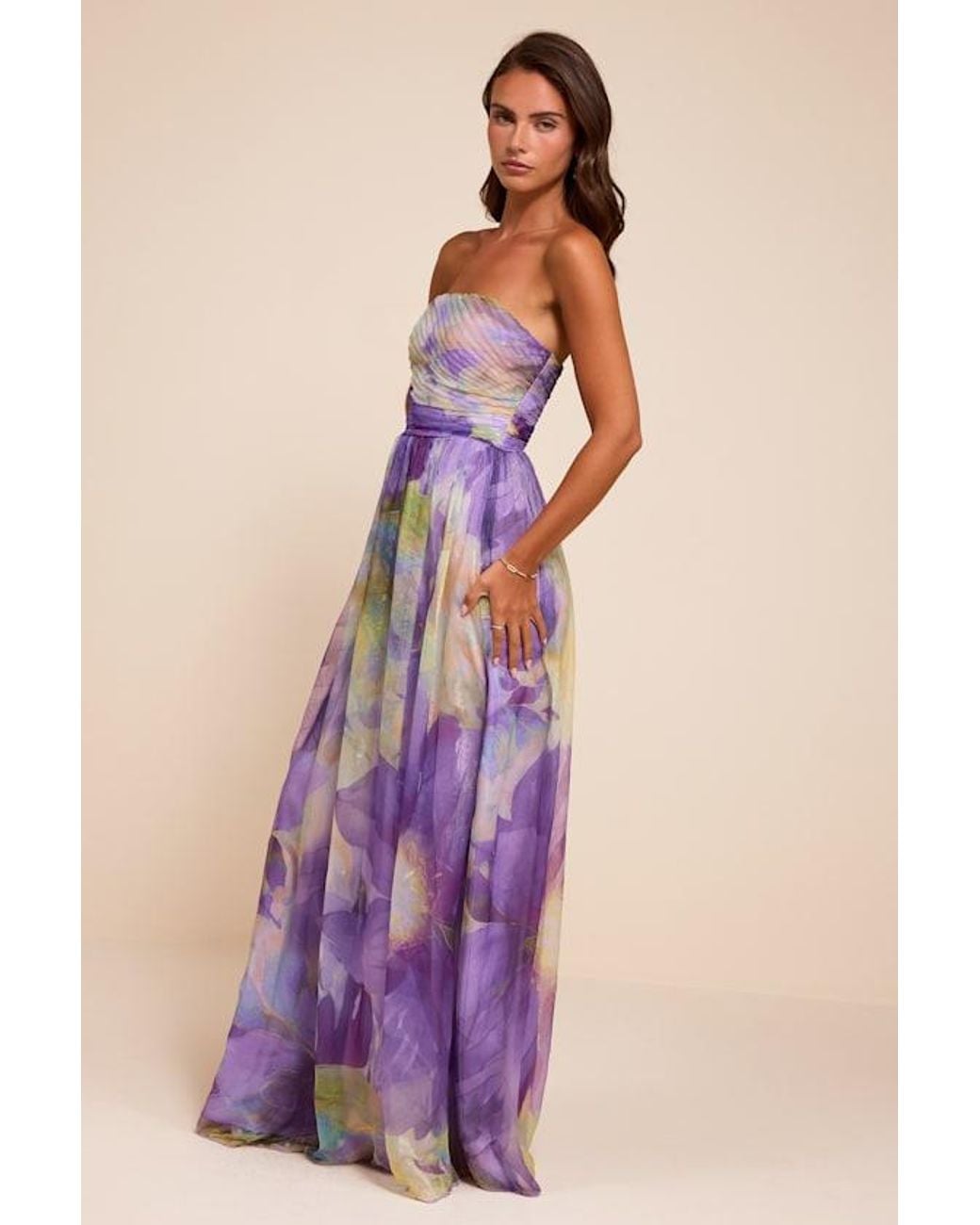 Lulus Purple Galilea Multi Floral Strapless Maxi Dress