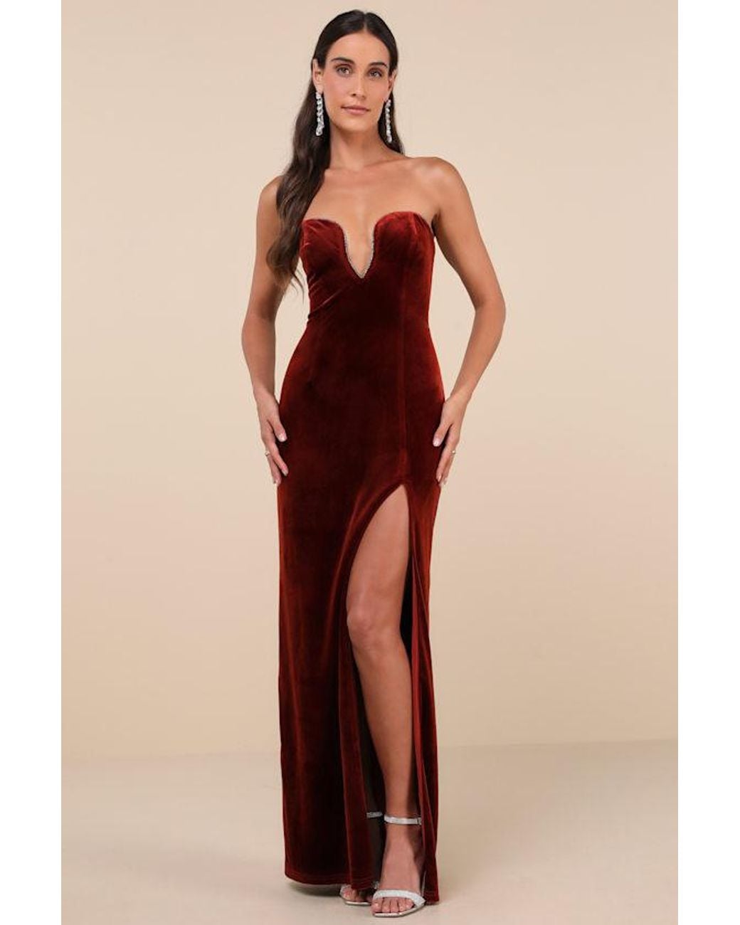 Lulus Elegant Success Rust Velvet Rhinestone Strapless Maxi Dress in Orange  | Lyst