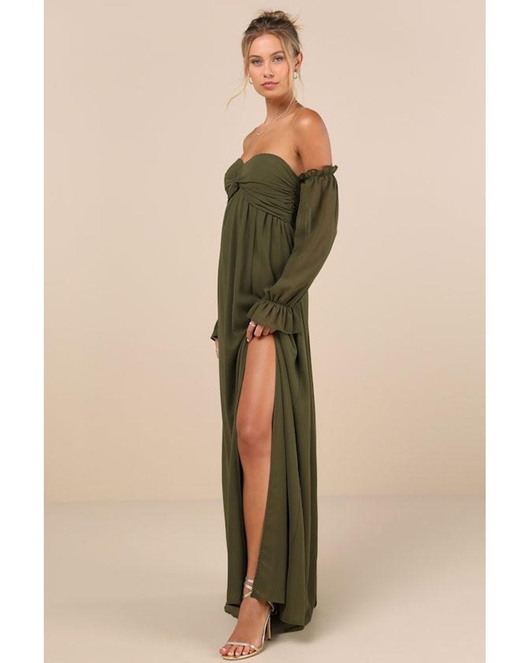 Lulus Green Glorious Invite Knotted Off-The-Shoulder Maxi Dress