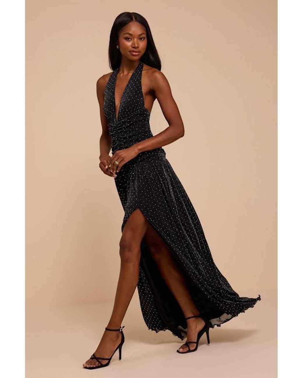 Lulus Natural Elvira Ruched Rhinestone Maxi Dress