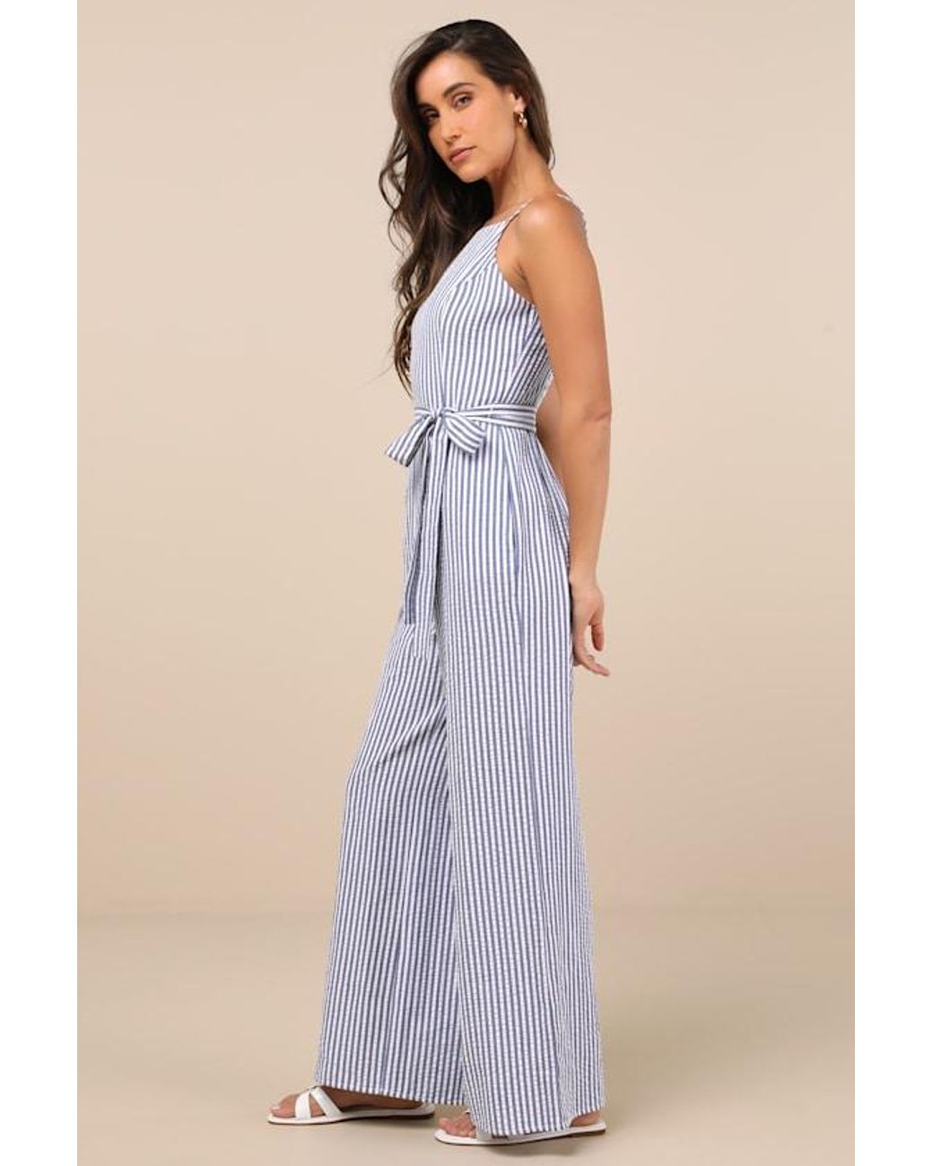 Lulus Blue Messina Striped Wide-Leg Jumpsuit