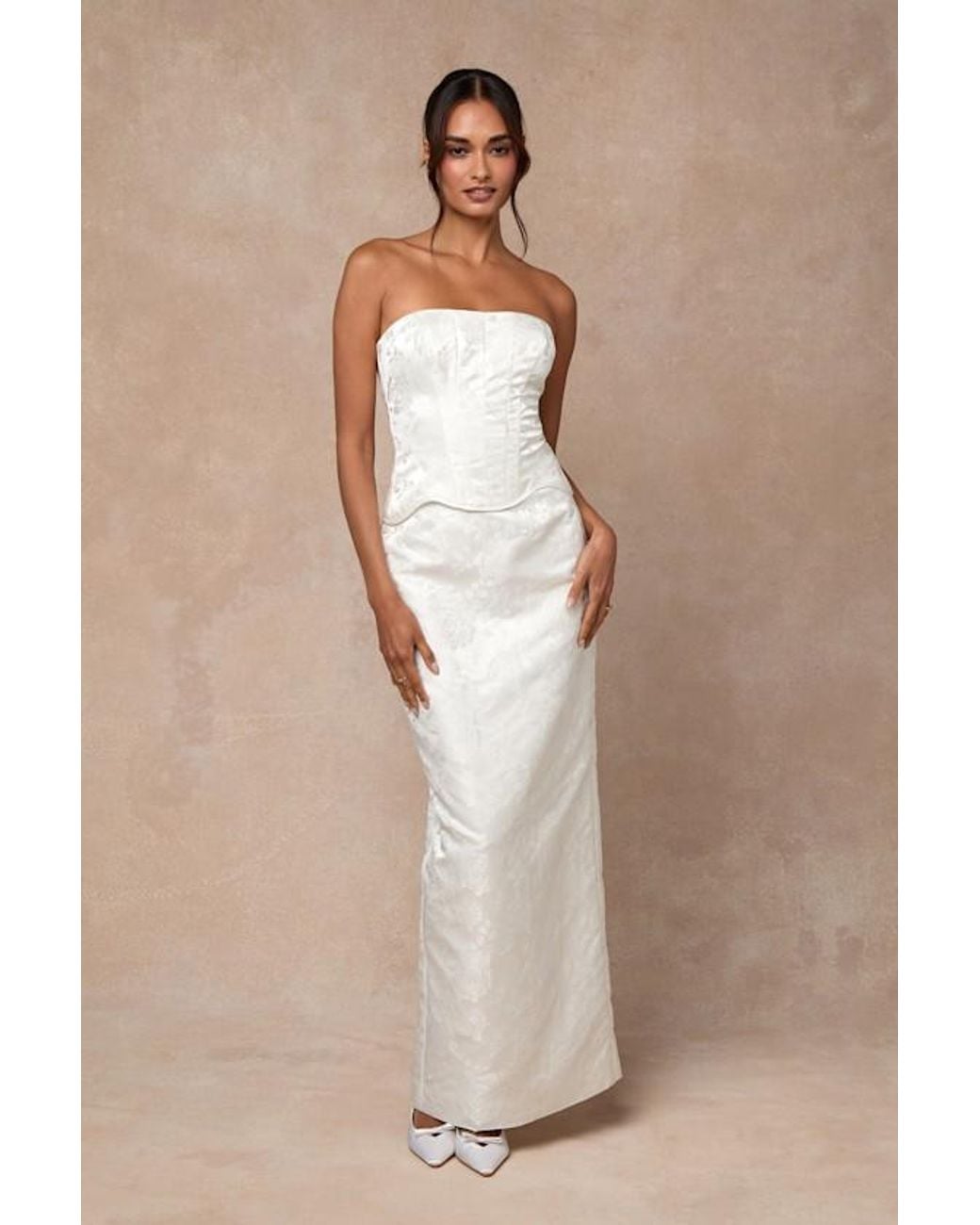Lulus Natural Melva Satin Jacquard Two-Piece Bustier Maxi Dress