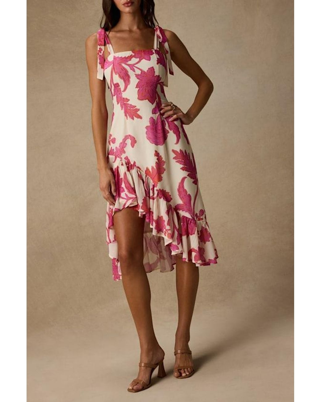 Lulus Red Tamryn Floral Asymmetrical Ruffled Midi Dress