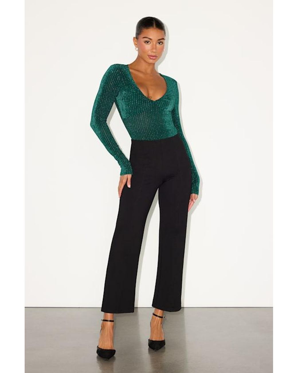 Lulus Green Stelly Shiny Emerald Velvet Textured Long Sleeve Bodysuit