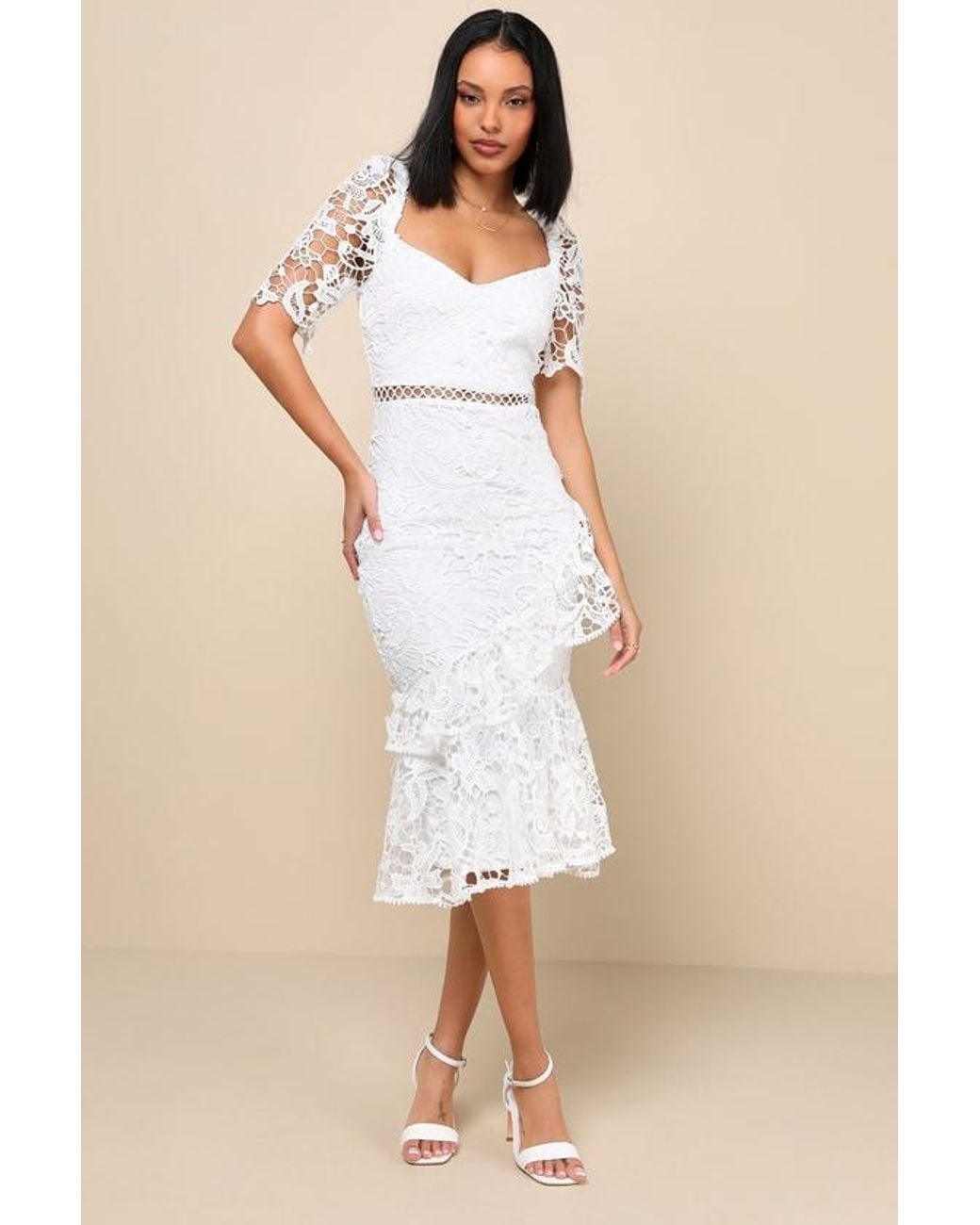 Lulus Natural Briarwood Lace Ruffled Midi Dress