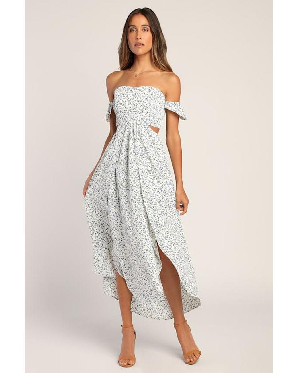 Lulus White Easy On The Eyes Floral Print Off-The-Shoulder Maxi Dress