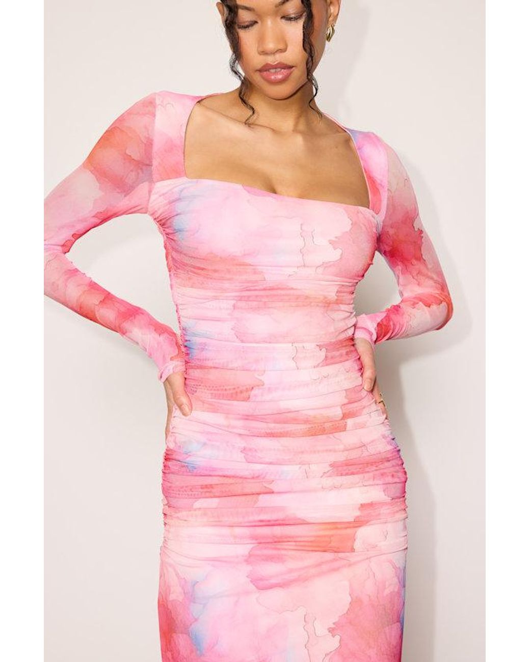 Lulus Pink Sola Multi Abstract Print Mesh Midi Dress