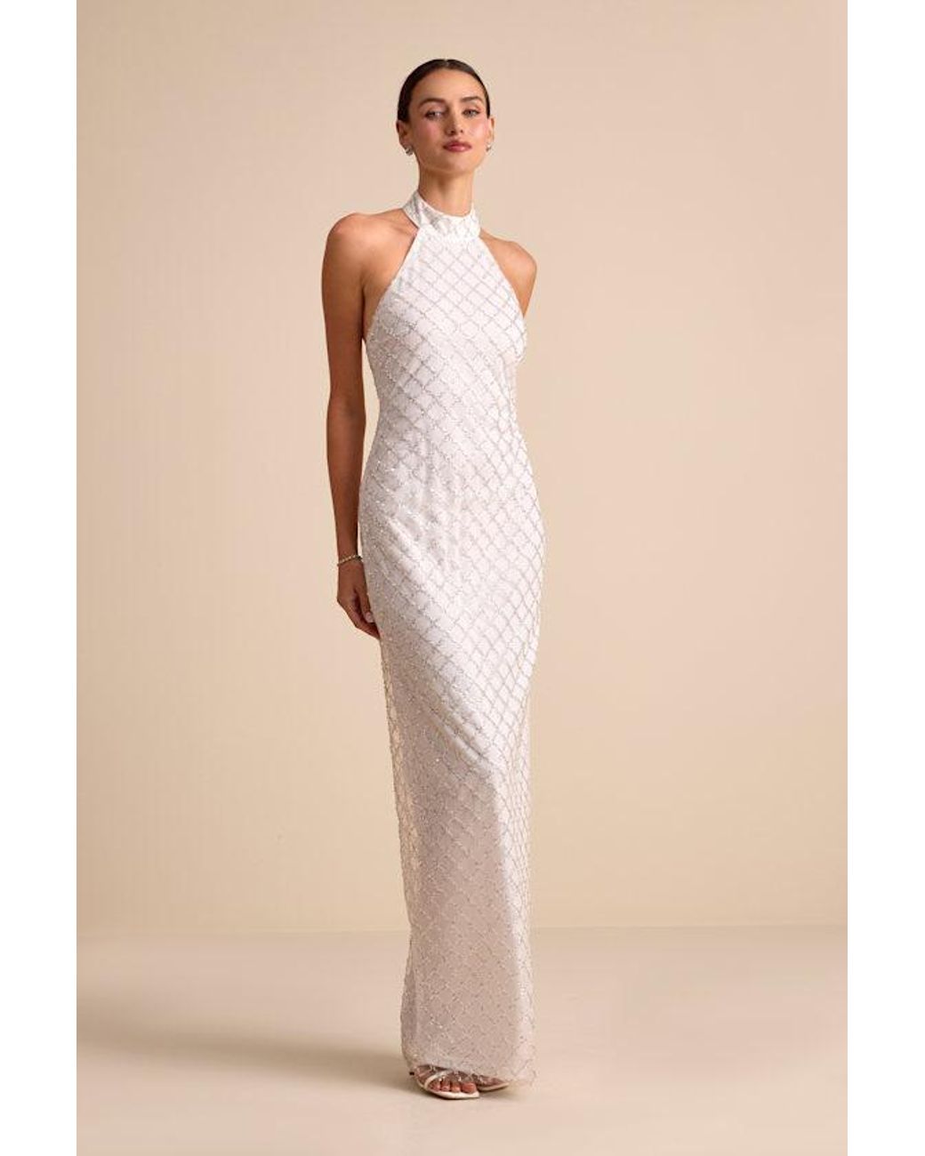 Lulus Novalea Sequin Halter Maxi Dress in Natural