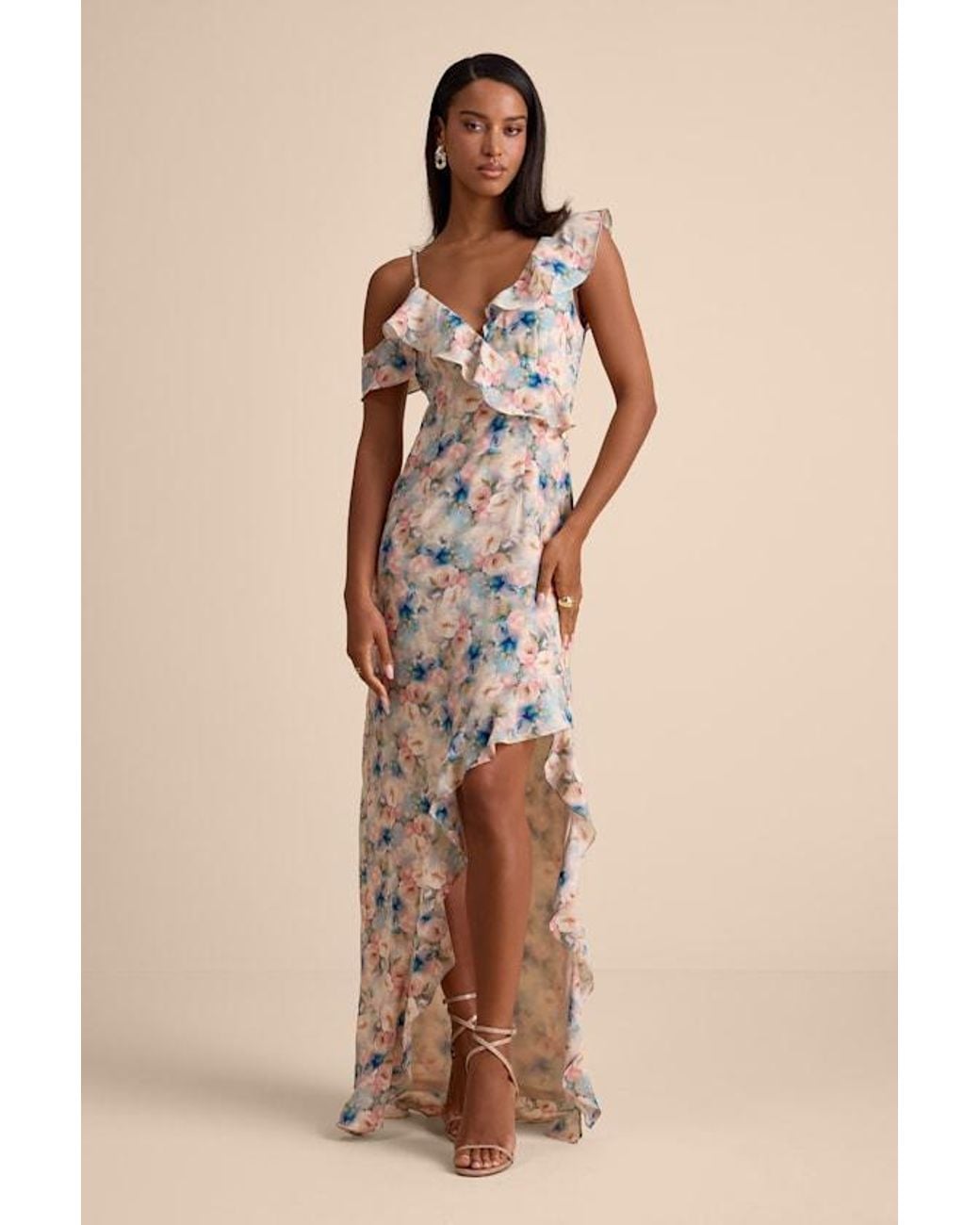 Lulus Natural Venecia Blush Floral Ruffled Asymmetrical Maxi Dress