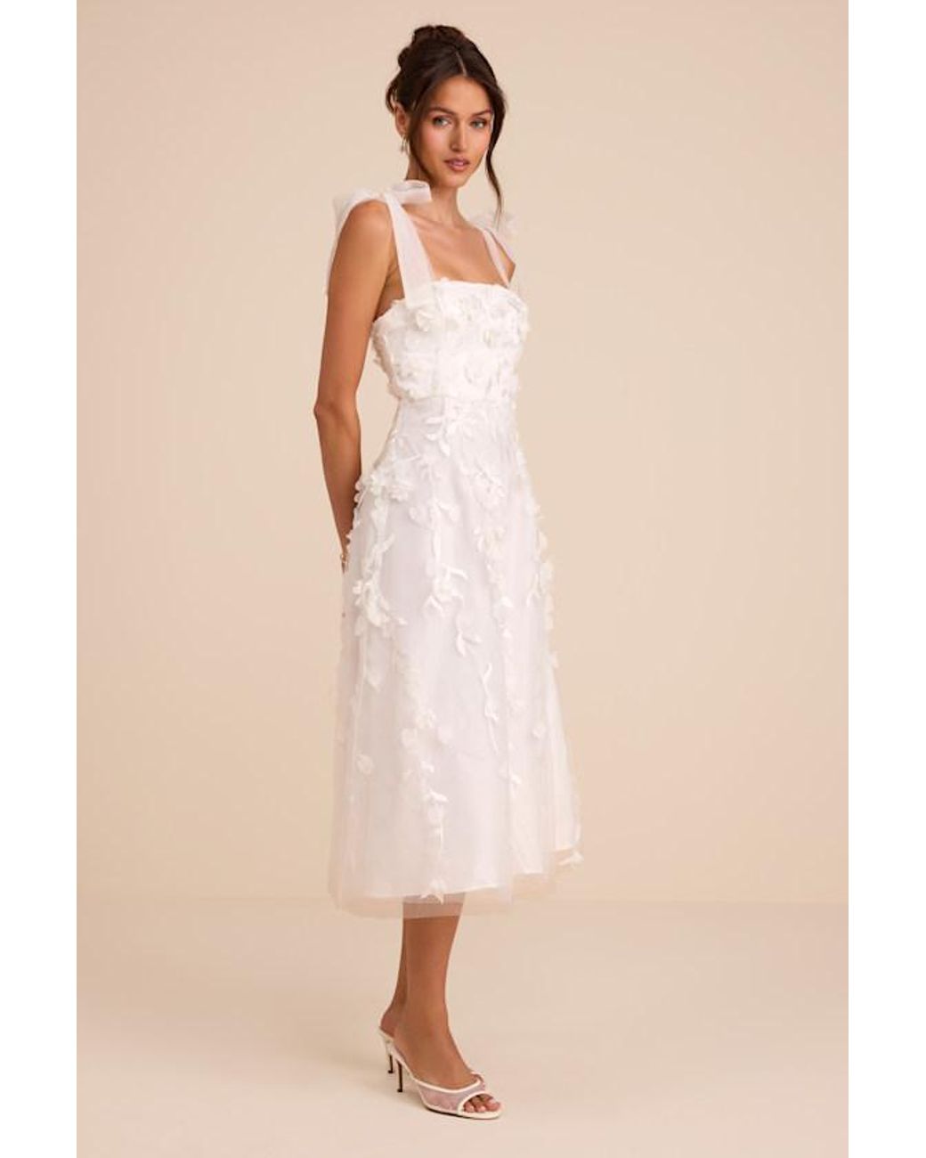 Lulus Natural Effortlessly Sweet Tulle 3D Floral Tie-Strap Midi Dress
