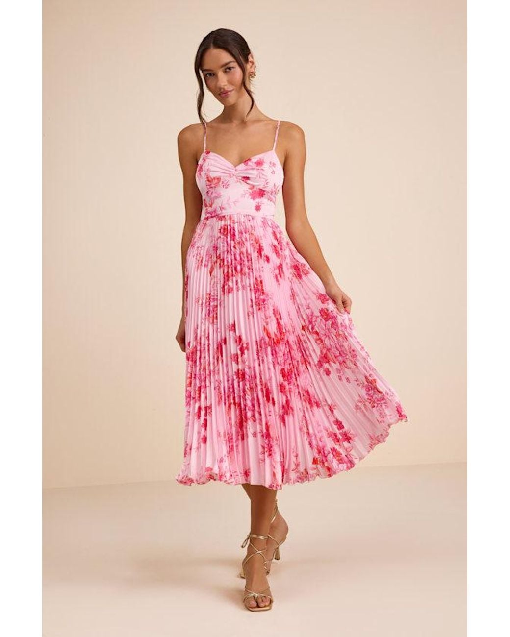Lulus Pink Francette Floral Satin Pleated Midi Dress