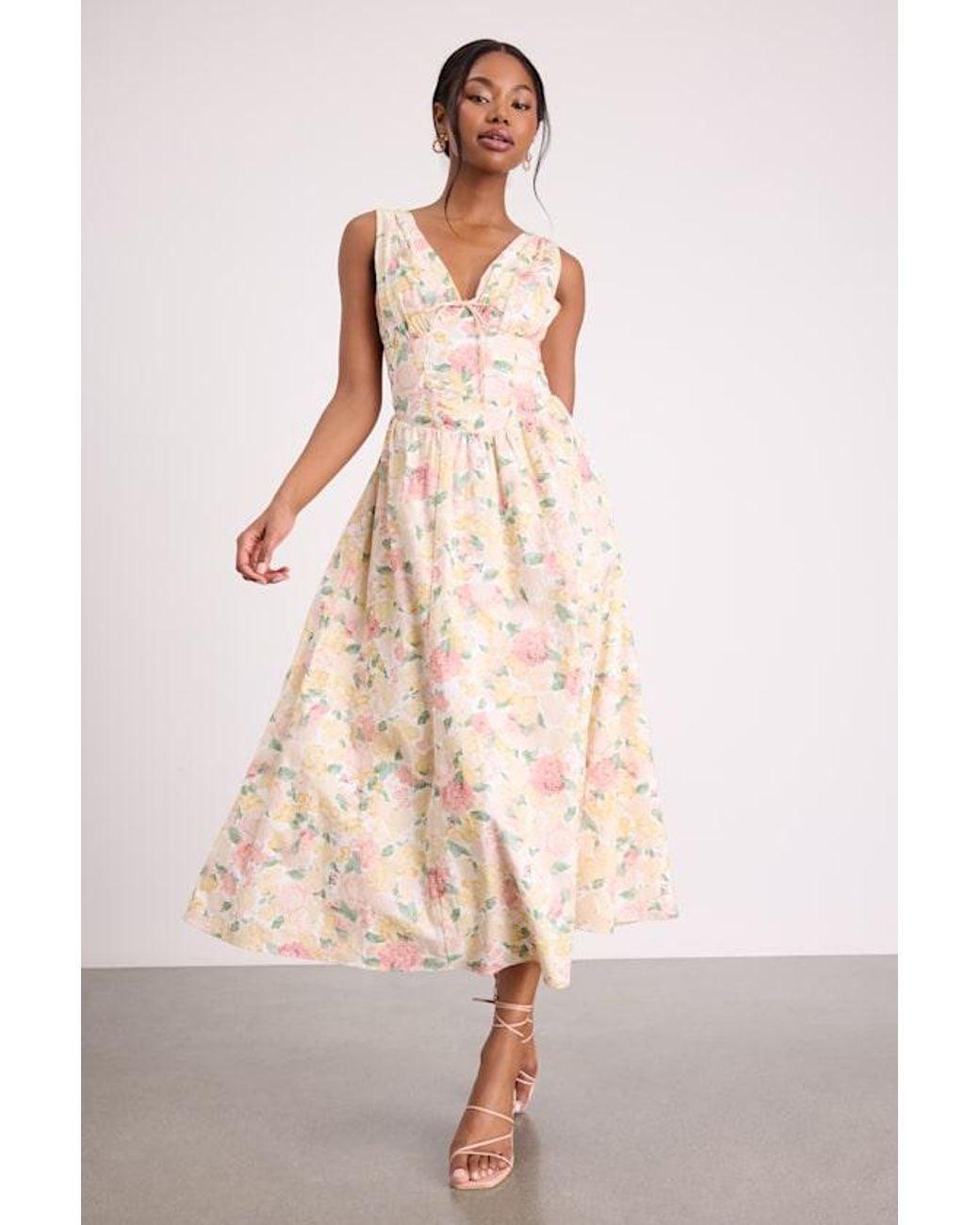Lulus Natural Lettie Multi Floral Poplin Plunge Neck Midi Dress