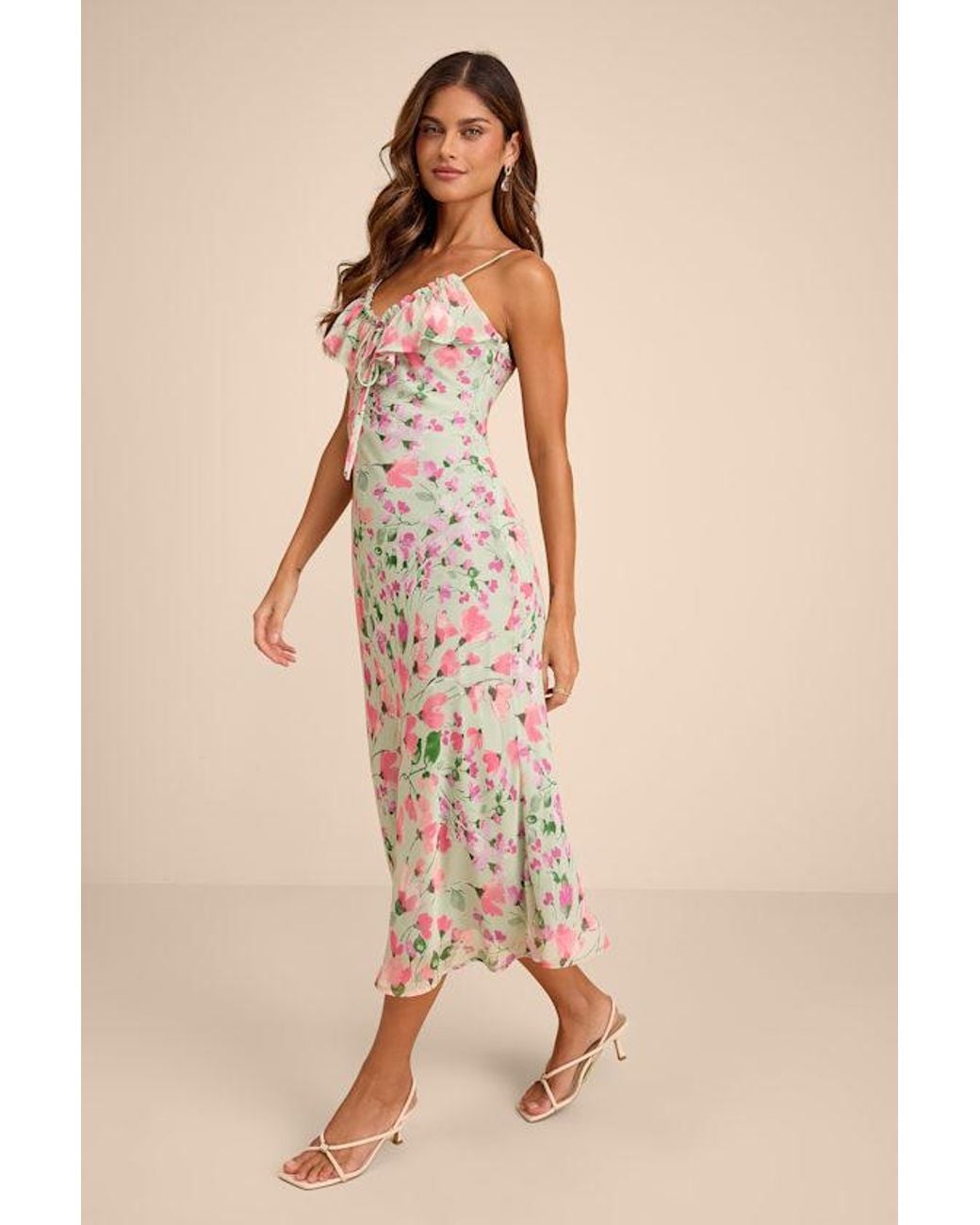 Lulus Natural Oshia Sage Multi Floral Ruffled Midi Dress