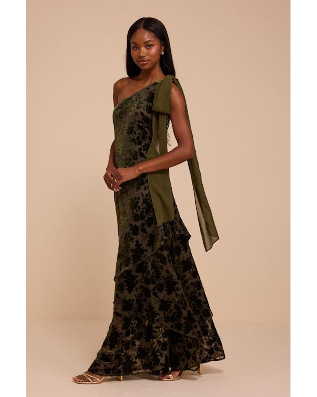 Lulus Natural Camellia Burnout Velvet One-Shoulder Bow Maxi Dress