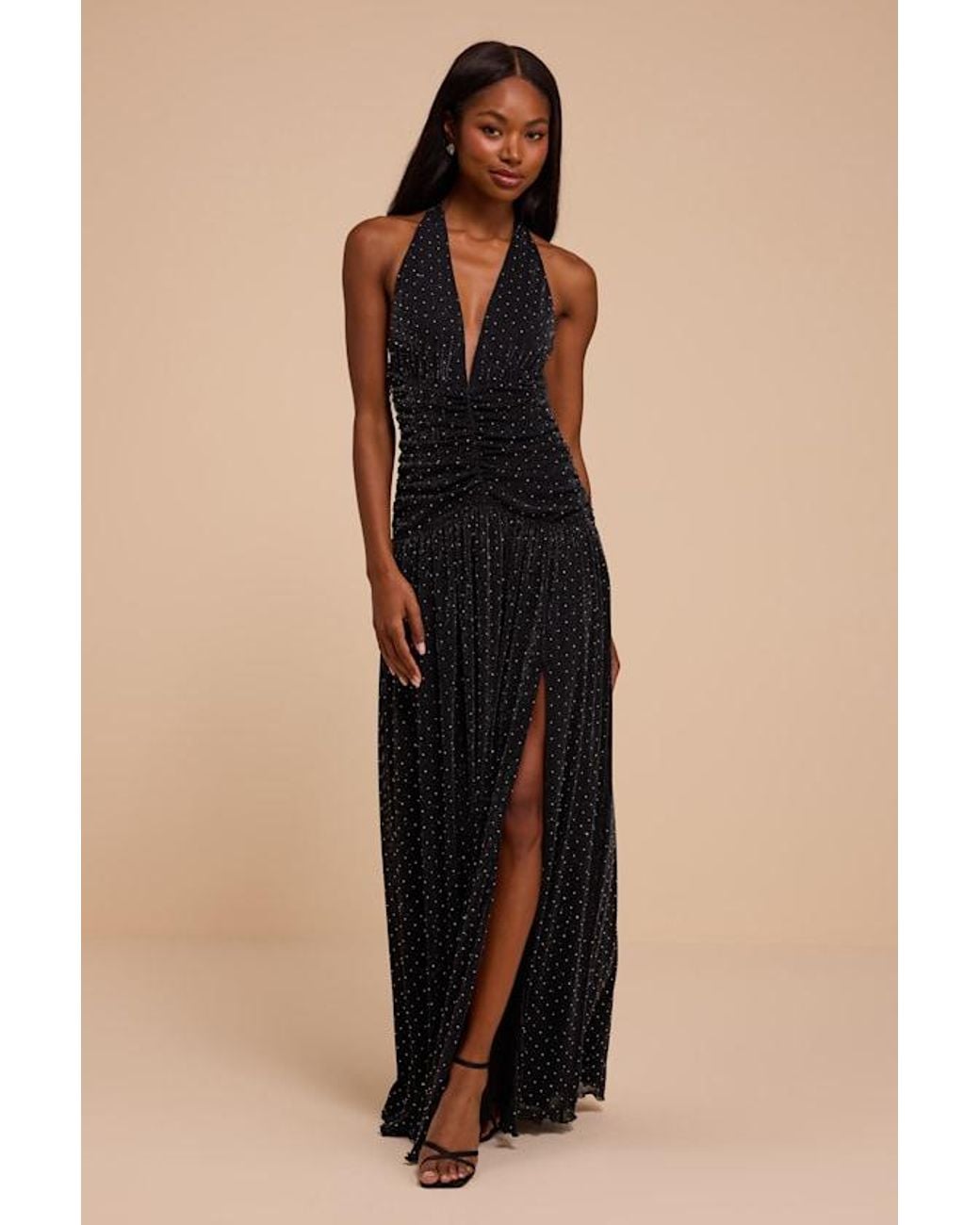 Lulus Natural Elvira Ruched Rhinestone Maxi Dress