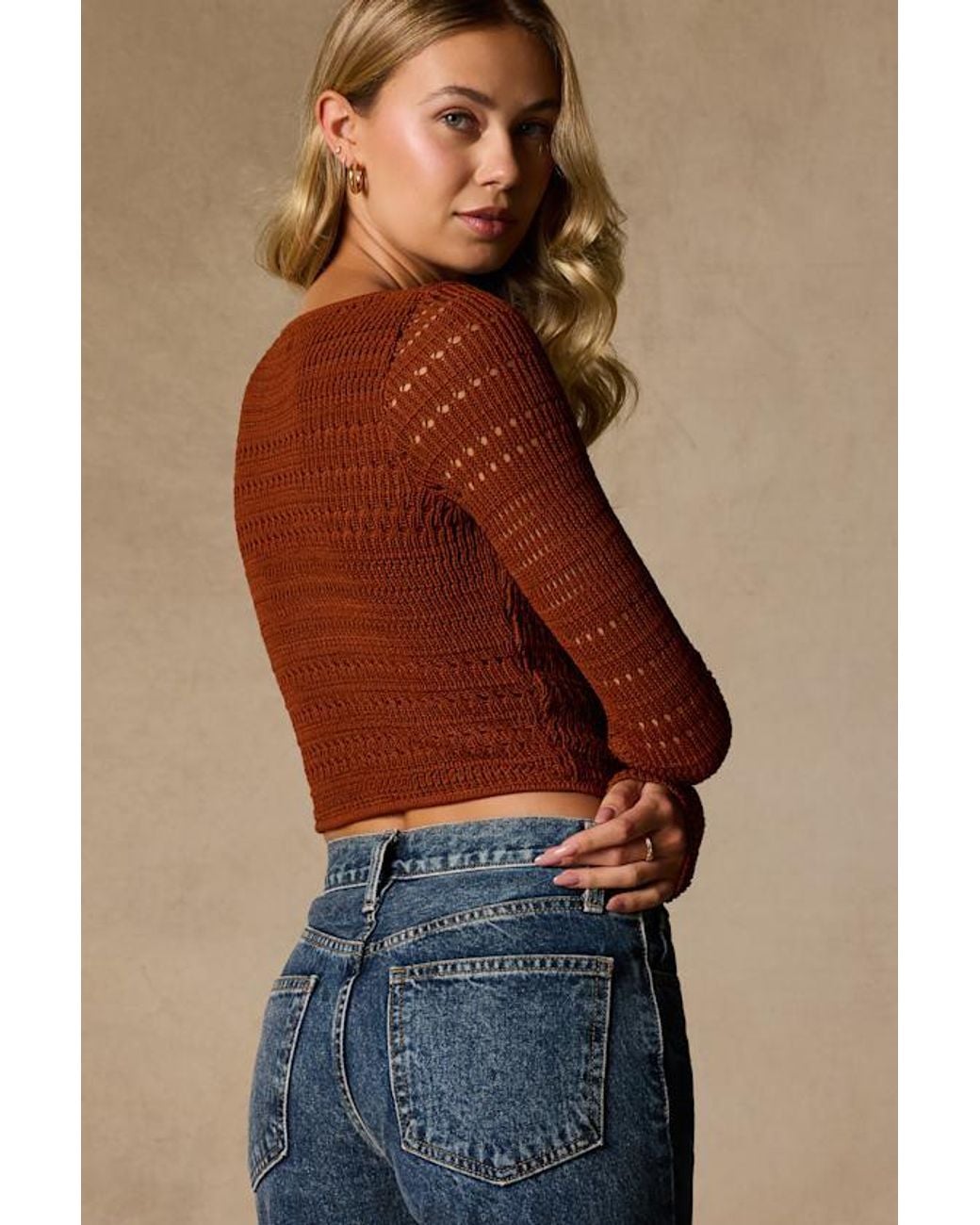 Lulus Blue Sarai Rust Crochet Knit Cutout Bodysuit