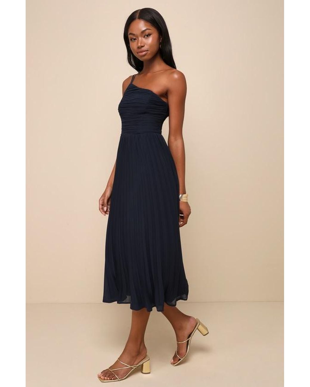Lulus Blue Wondrous Muse Pleated One-Shoulder Midi Dress