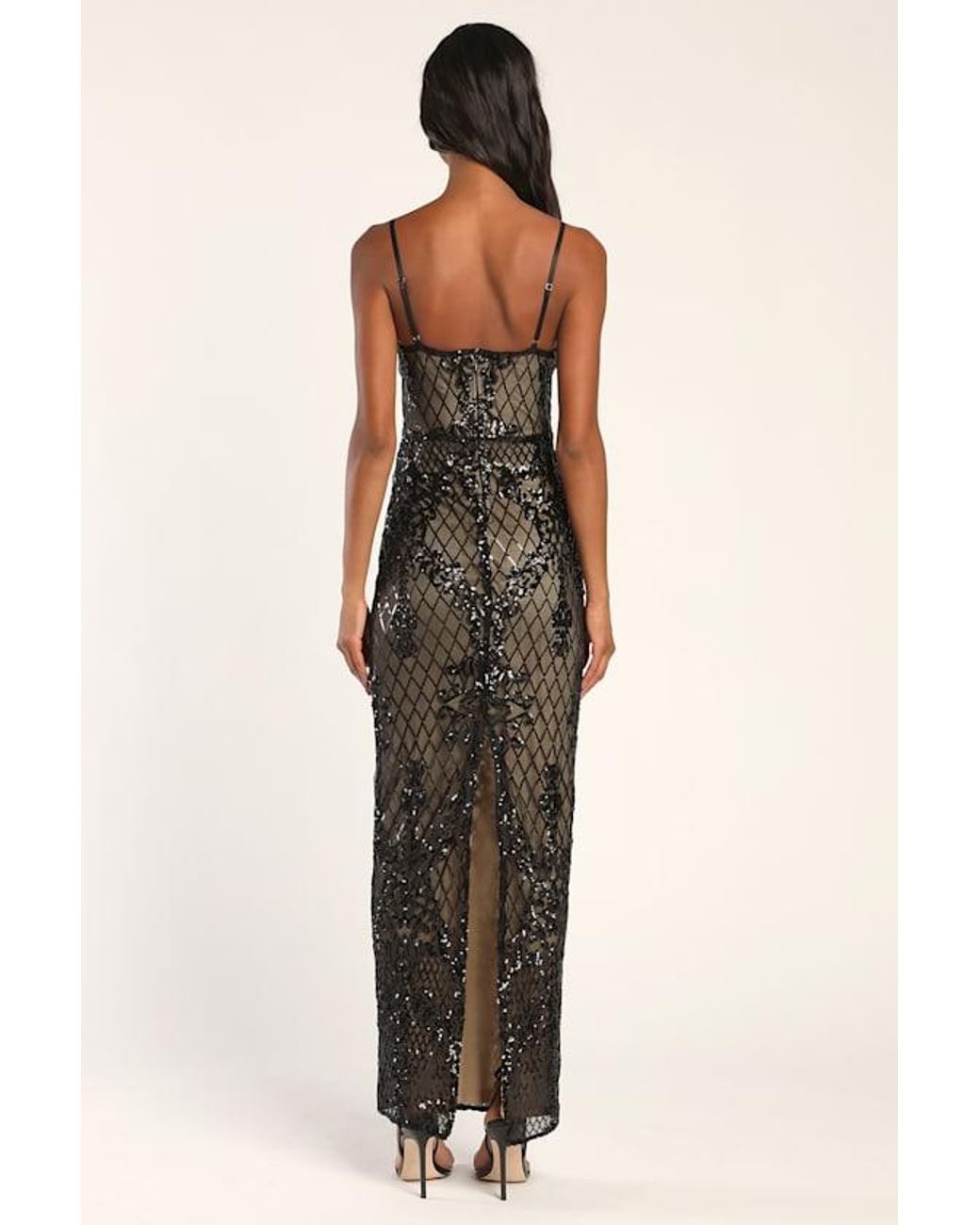 chinese dress ladies Ava Black Lace Panel Sequined Maxi Dress main image 0