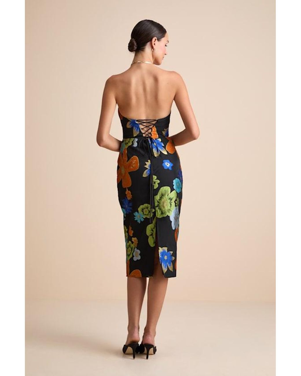 Lulus Black Wesson Floral Jacquard Lace-Up Strapless Midi Dress