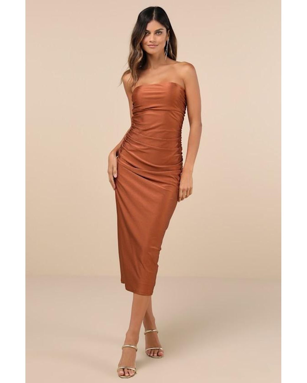 Lulus Gorgeous Reputation Copper Strapless Ruched Midi Dress in Natural |  Lyst