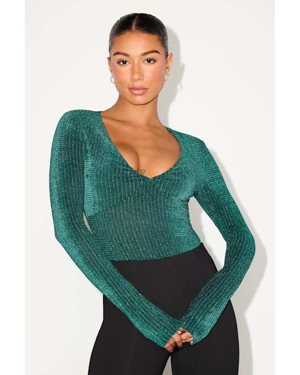 Lulus Green Stelly Shiny Emerald Velvet Textured Long Sleeve Bodysuit