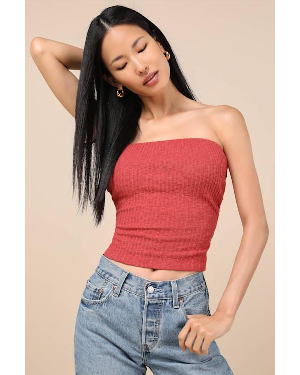 Lulus Red Lautaro Rust Ribbed Strapless Crop Top