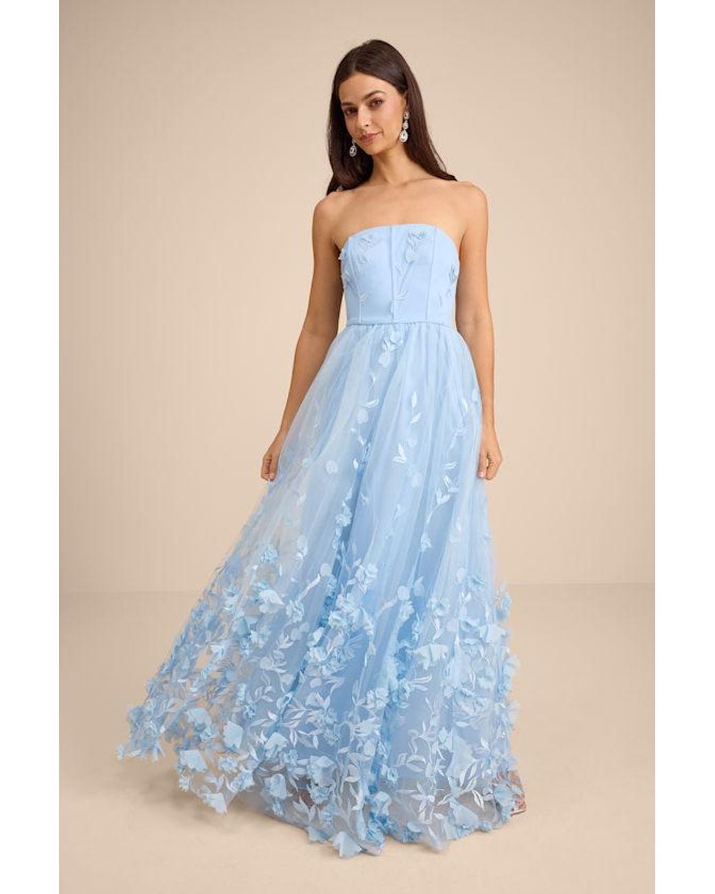 Lulus Blue Lynly 3D Floral Applique Tulle Maxi Dress