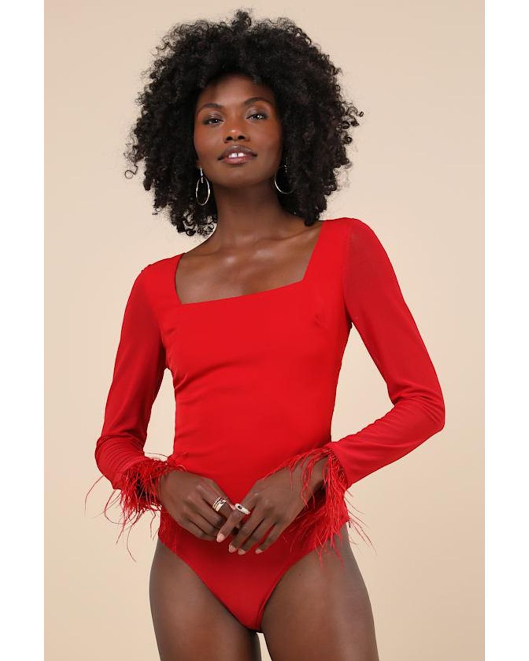 Lulus Red Effortlessly Luxe Feather Long Sleeve Bodysuit