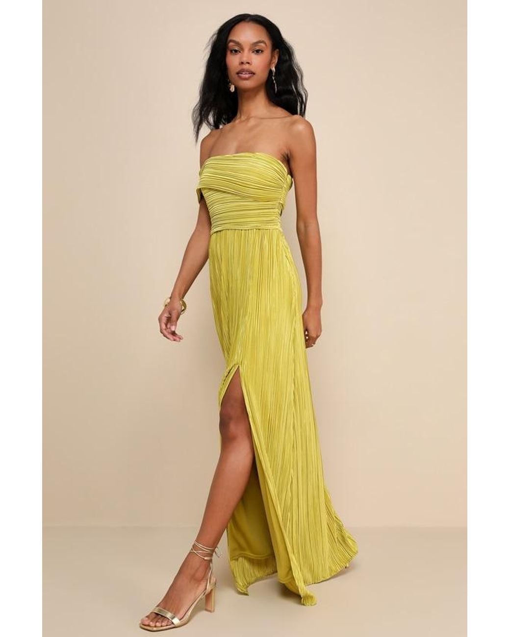 Lulus Yellow Poised Performance Chartreuse Plisse One-Shoulder Maxi Dress