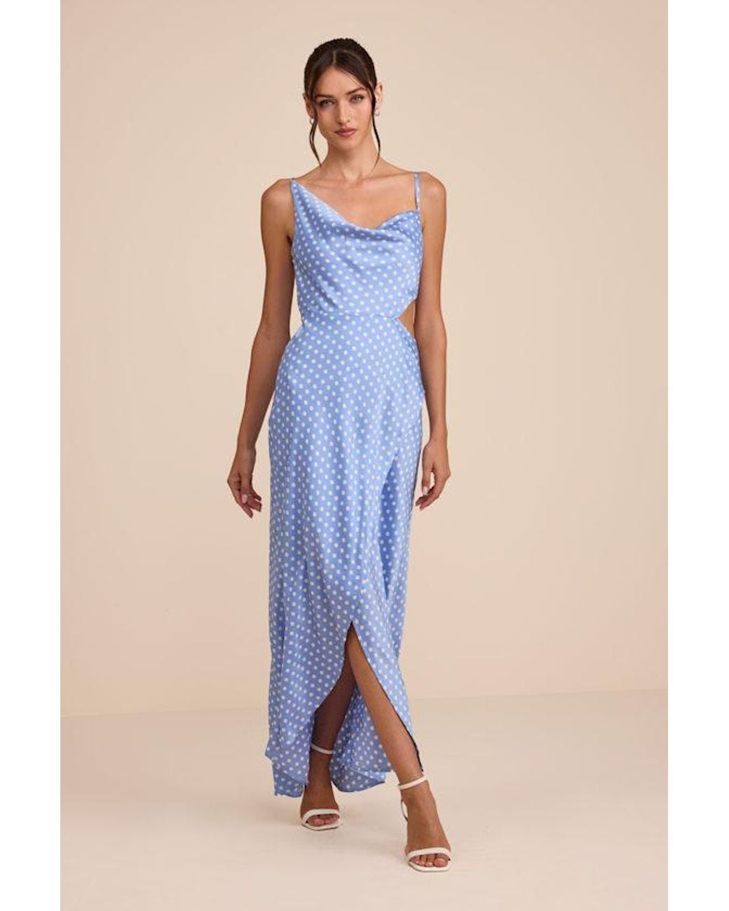Lulus Blue Amella Polka Dot Satin Asymmetrical Dress