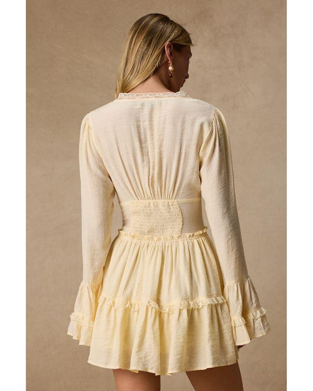 Lulus Natural Ayaana Pale Long Sleeve Tiered Mini Dress