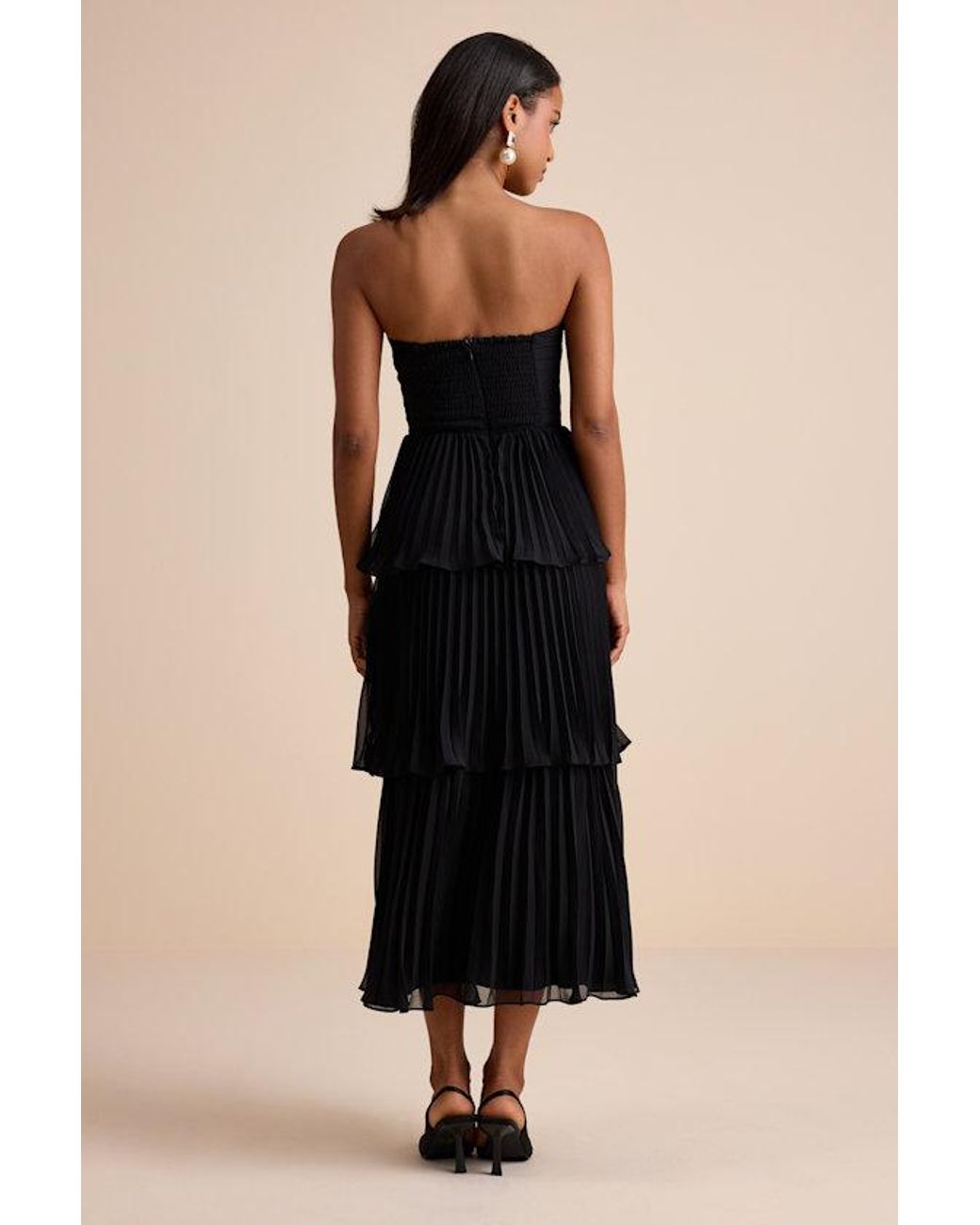 Lulus Black Seriously Sensational Strapless Tiered Midi Dress
