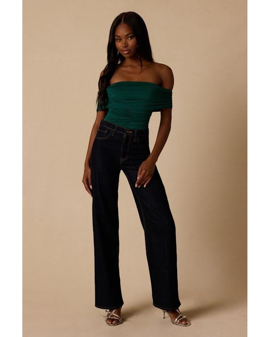 Lulus Green Jarena Ruched Off-The-Shoulder Top