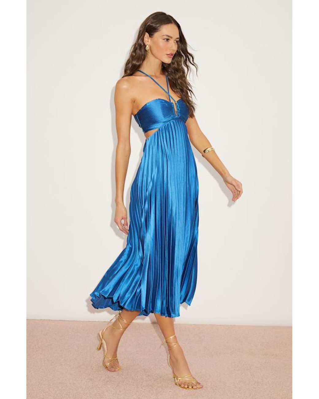 Lulus Blue Aerin Satin Pleated Cutout Midi Dress