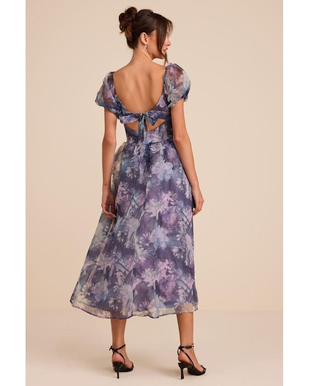 Lulus Blue Lovely Statement Floral Organza Tie-Back Midi Dress