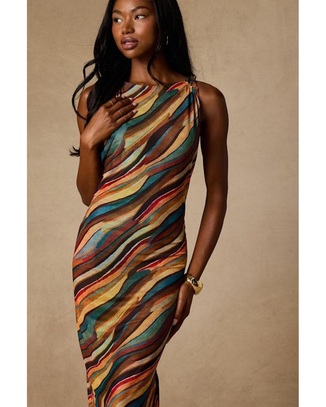 Lulus Brown Keiani Multi Print Backless Midi Dress