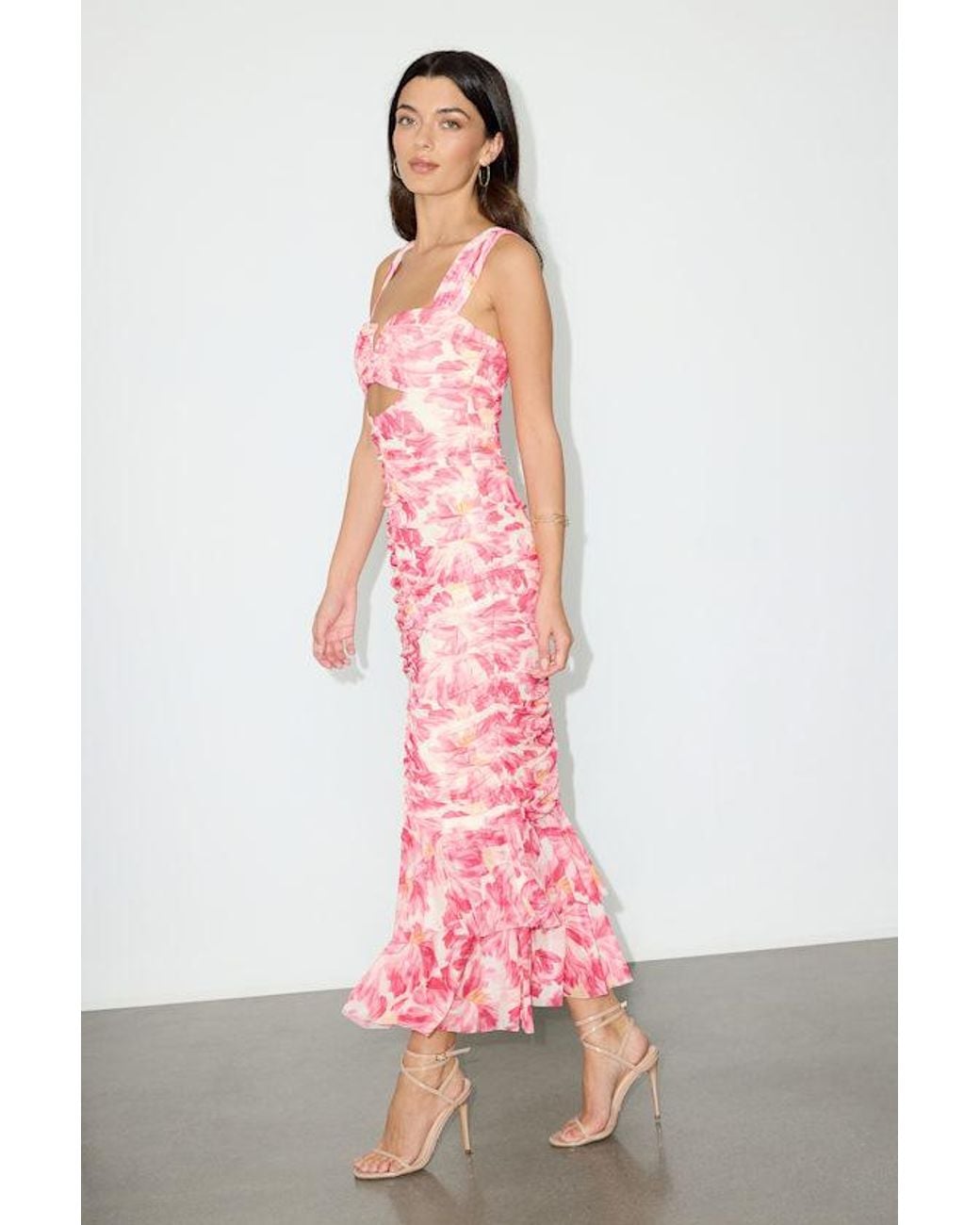 Lulus Pink Aelara Floral Mesh Ruched Trumpet Midi Dress