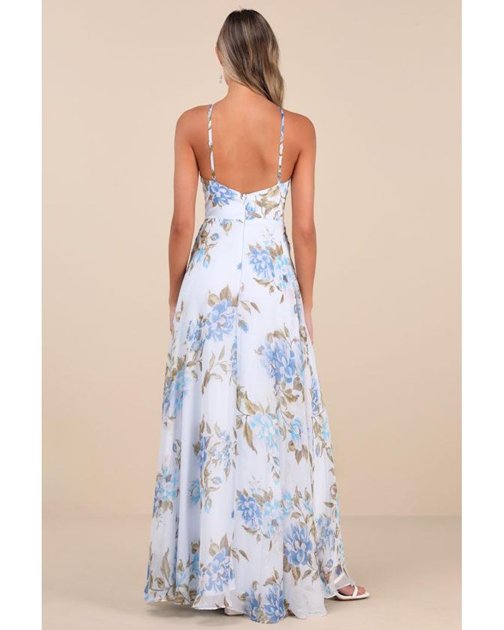 Lulus Blue Romantic Marvel Floral Print Halter Neck Maxi Dress