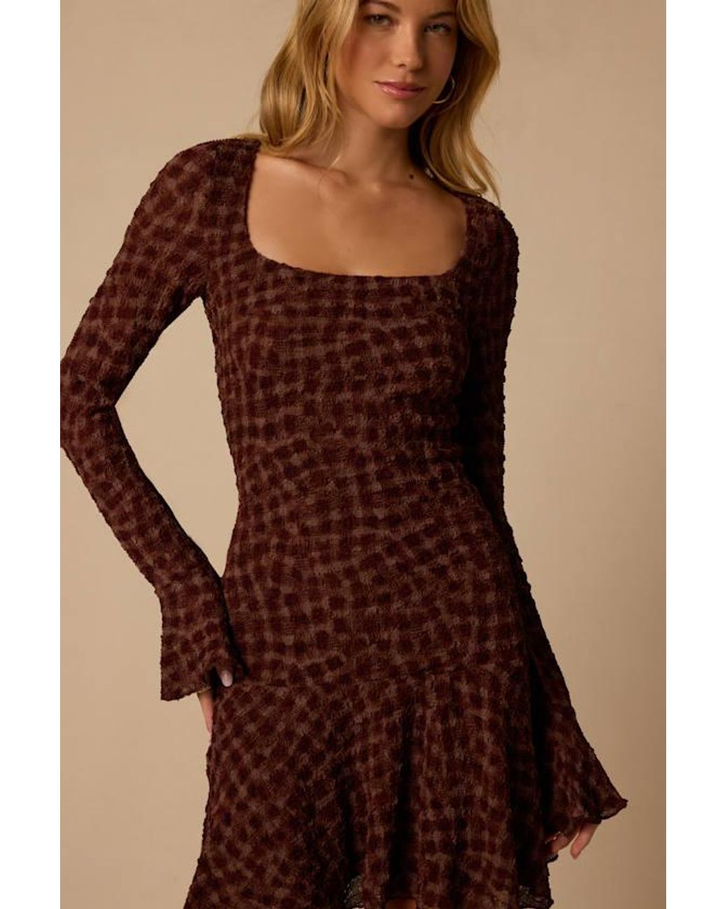 Lulus Brown Natalie Print Long Sleeve Mini Dress