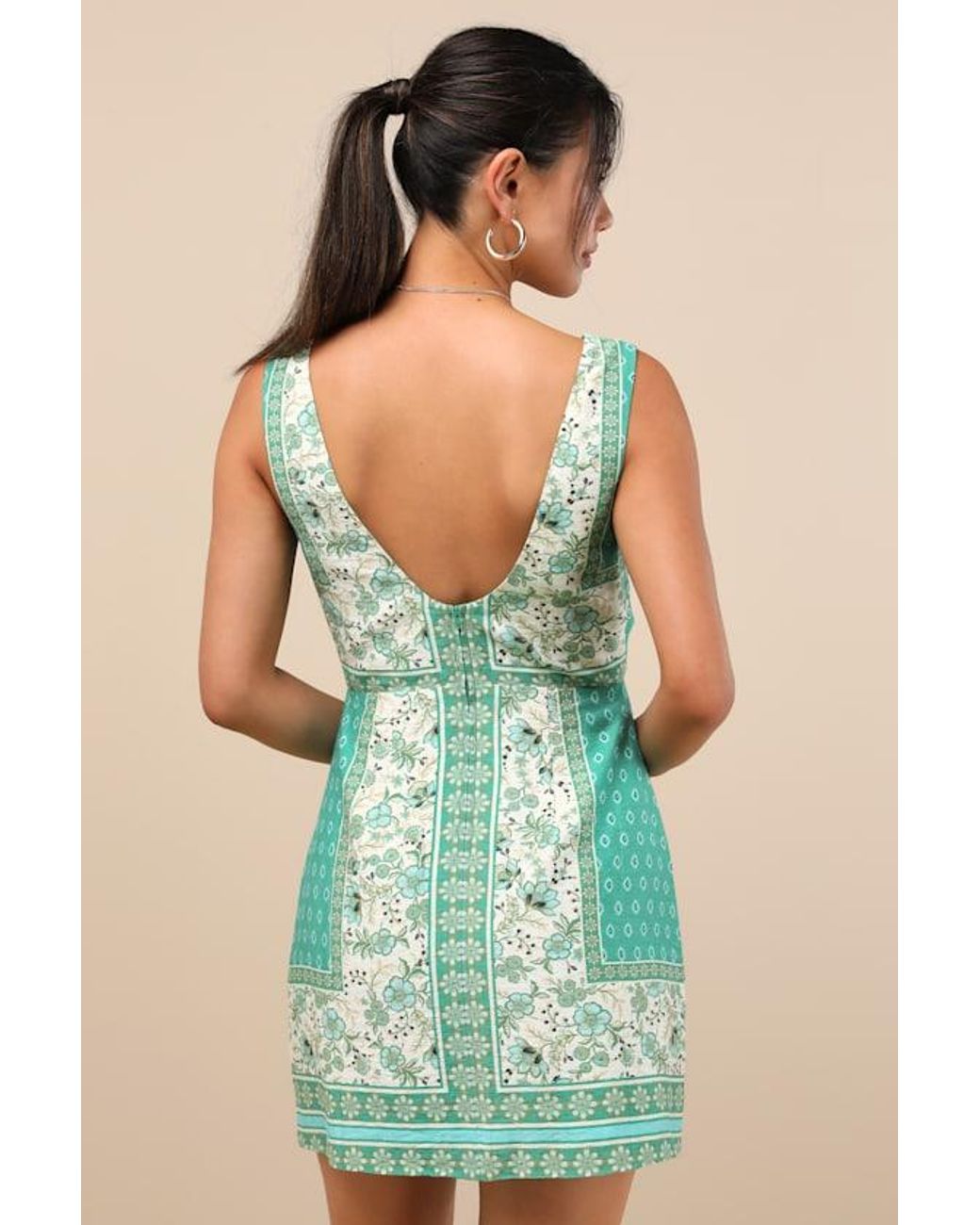 Lulus Green Silvana Multi Floral Knot-Front Mini Dress