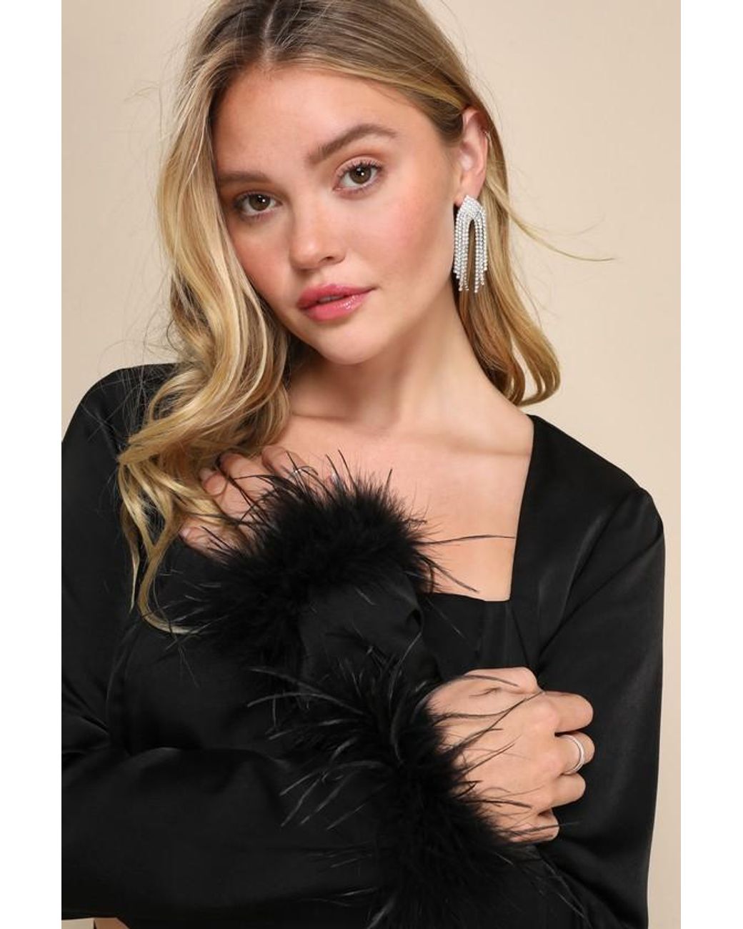 Lulus Black Premium Aura Satin Feather Long Sleeve Crop Top