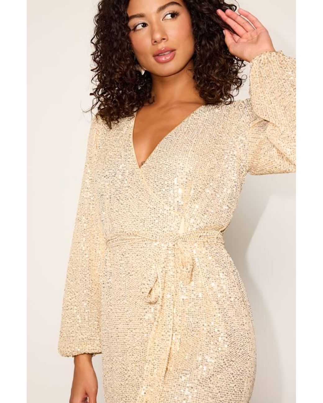 Lulus Natural Sparkly Darling Sequin Long Sleeve Wrap Dress