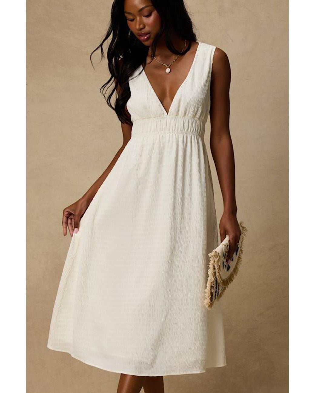 Lulus Natural Anamaya Textured V-Neck Midi Dress