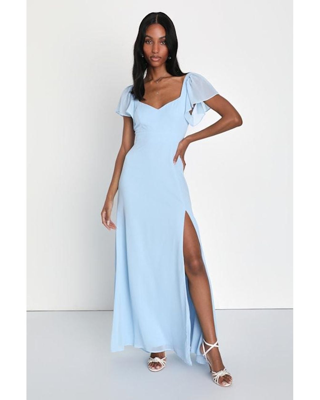 Lulus Blue Simply Delightful Light Tie-Back Flutter Sleeve Maxi Dress