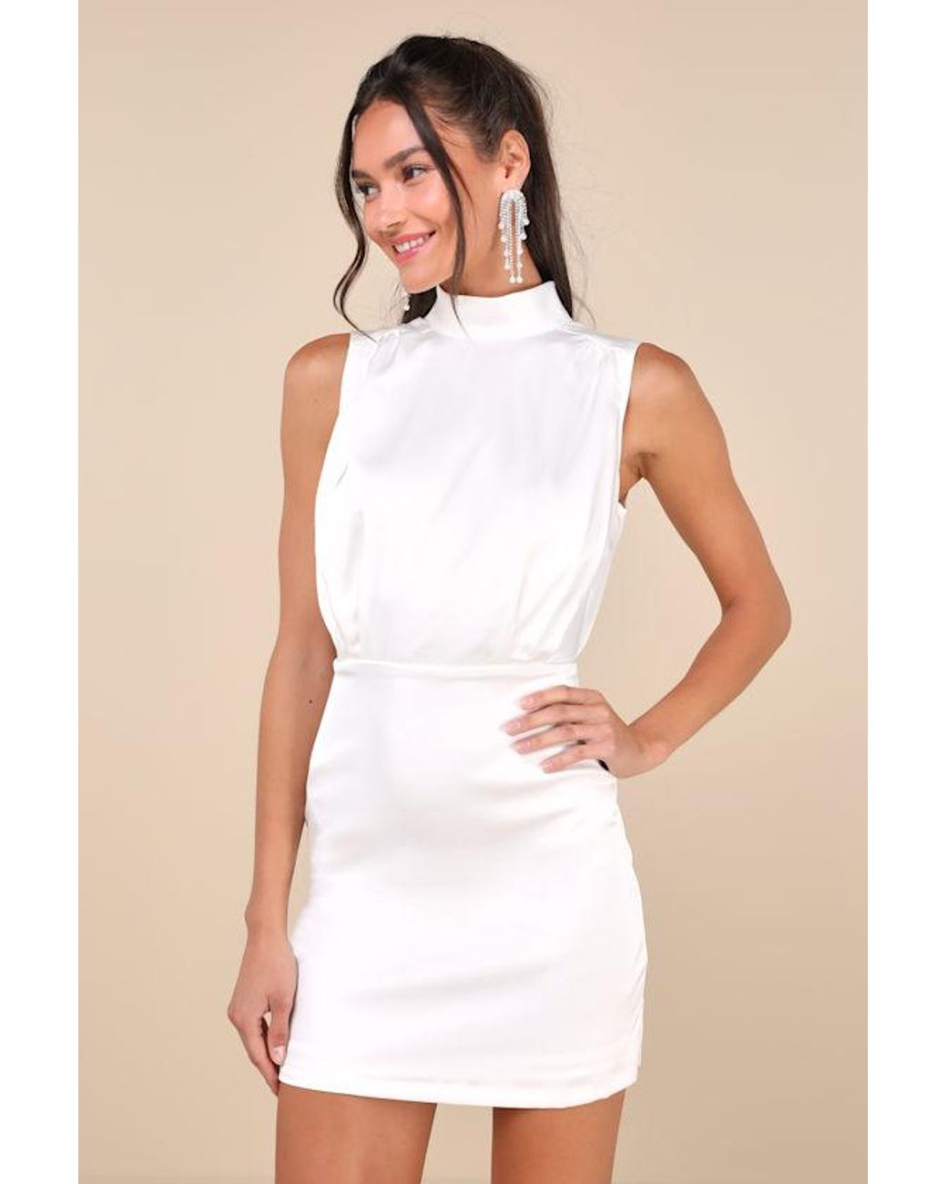 Lulus White Classic Elegance Satin Sleeveless Mock Neck Mini Dress