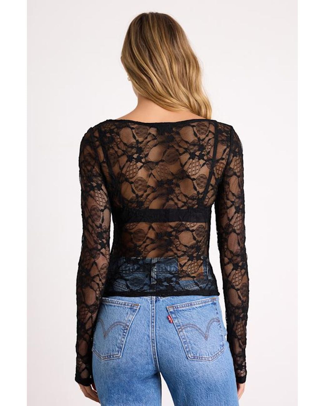 Lulus Black Hunter Sheer Lace Long Sleeve Top