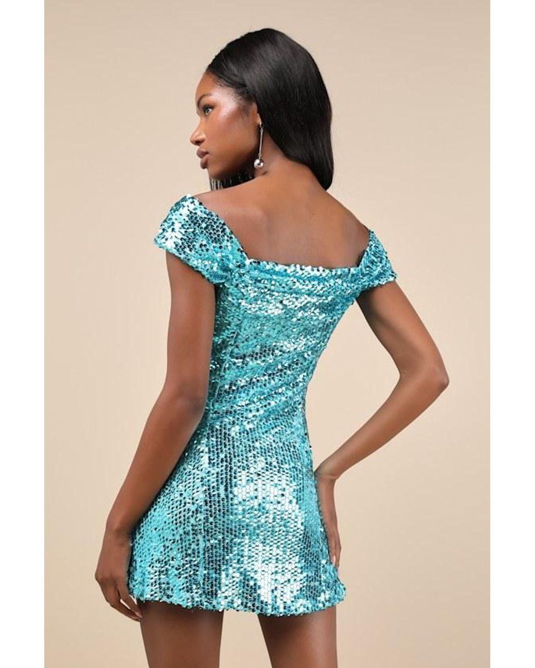 Strapless Dress Aqua Blue Sequin Dress Satin Aqua Short Dress Lulus  Glittering Nights Aqua Sequin Off-The-Shoulder Mini Dress In