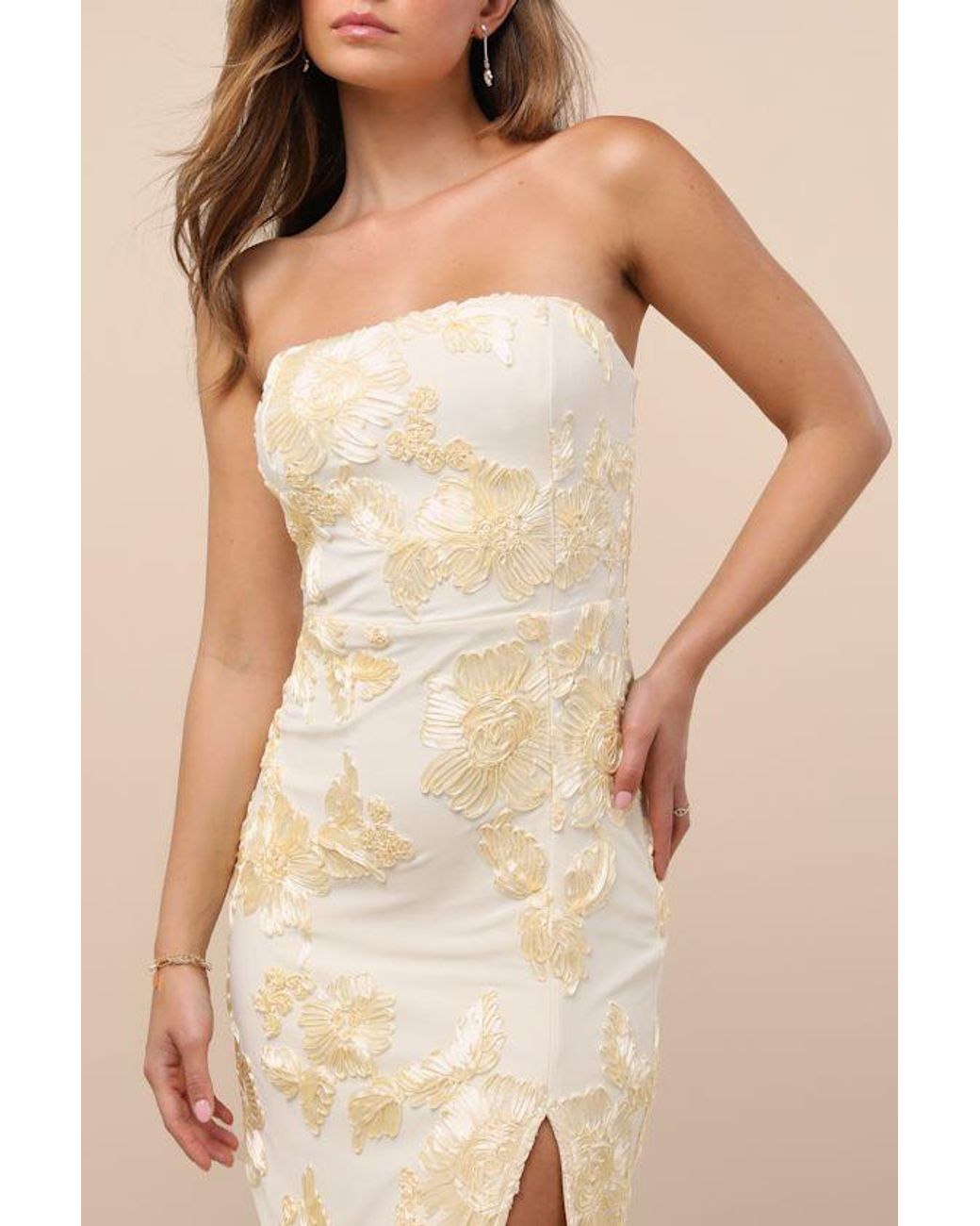 Lulus Natural Kattalin Cream Floral Applique Strapless Midi Dress
